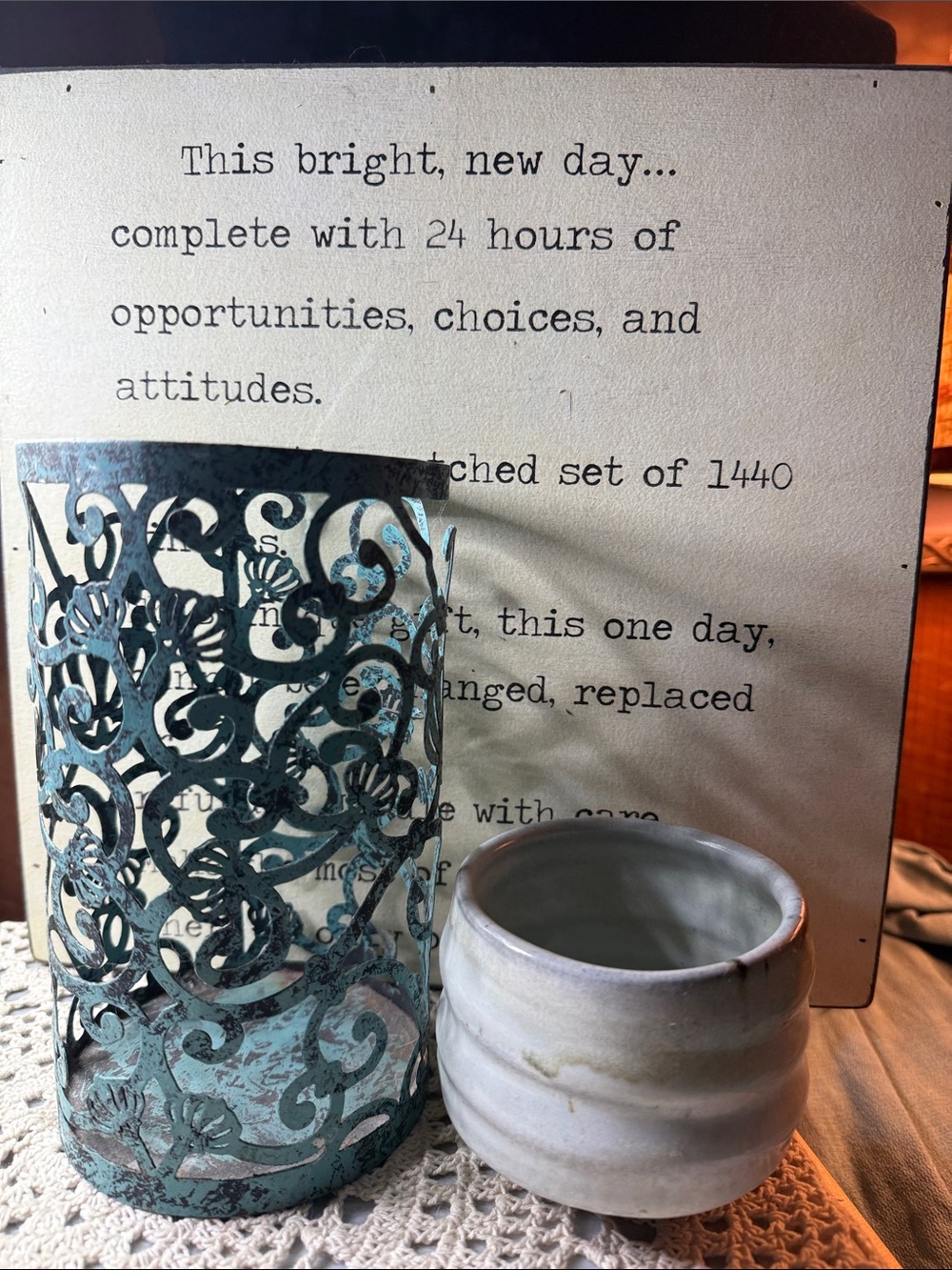 Decorative Turquoise Metal Lantern & White Ceramic Planter Set - Home Art